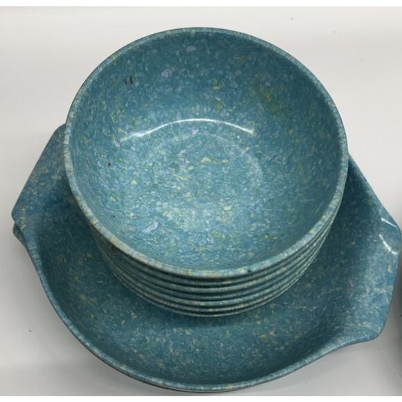 Set of 15 Melamine Melmac Turquoise Speckle Dinner Plates & Cups NORTHERN BOSTON - Picture 3 of 7